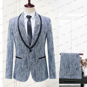 2023 Модный светло-голубой джинсовый Жаккардовый Повседневный деловой смокинг на одной пуговице, мужские костюмы Slim Fit Для жениха, комплект из 2 предметов, мужской пиджак и брюки