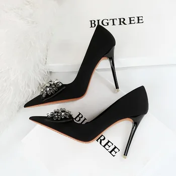 BIGTREE / Женские Шелковые Весенне-летние тонкие туфли на высоком каблуке с бабочкой и узлом Rhineston 2023 для офиса и карьеры Zapatos Mujer34-43