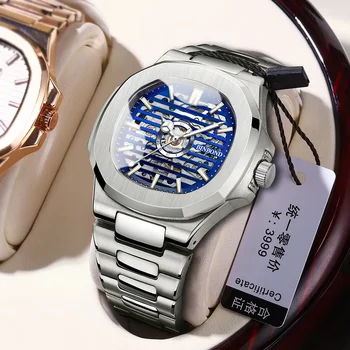 BINBOND Модные Механические часы со скелетом с синим циферблатом, мужские Роскошные Водонепроницаемые Полые мужские часы Relogio Masculino