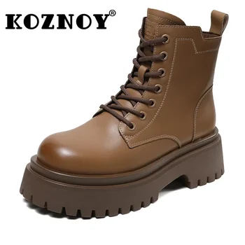 Koznoy, натуральная кожа 6 см, демисезонные ботильоны на платформе с застежкой-молнией в британском стиле, мотоциклетные ботинки, женская обувь на массивном каблуке.