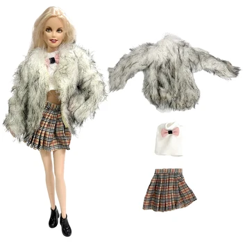 NK 1 Комплект одежды для куклы Барби Модный наряд Серое меховое пальто + Топ + Юбка для куклы Барби Одежда Аксессуары для кукол Игрушки для девочек
