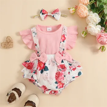 SUNSIOM/ Комплект одежды для маленьких девочек, розовая футболка в рубчик с длинными рукавами и шорты на подтяжках с цветочным принтом и повязкой на голову, 3 шт.