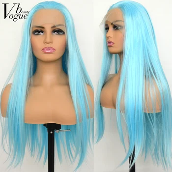 Voguebeauty Синий синтетический парик на кружеве, Шелковистое прямое термостойкое волокно, натуральная линия роста волос, косплей для женщин