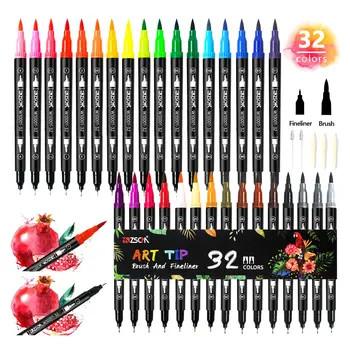 ZSCM 32 Цвета Duo Tip Brush Markers Art Pen Set, Цветные Ручки Artist Fine и Brush Tip, для Детских Книжек-Раскрасок для Взрослых