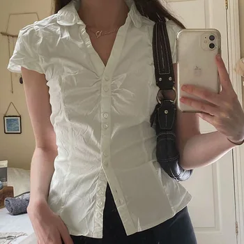 Белая футболка с завязками y2k, женский укороченный топ с коротким рукавом и отложным воротником на пуговицах, Винтажная Корейская футболка в стиле Харадзюку, Летняя повседневная одежда