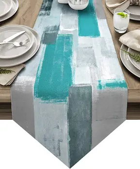 Бирюзово-серая льняная настольная дорожка с абстрактным искусством, украшение для праздничной вечеринки, Моющаяся настольная дорожка для кухни, декор обеденного стола