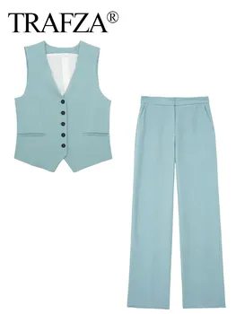 Брючный костюм TRAFZA Для женщин, осенняя мода, однобортный жилет с V-образным вырезом, жилет, топ + брюки, Тонкие брюки-карандаш на молнии, комплекты