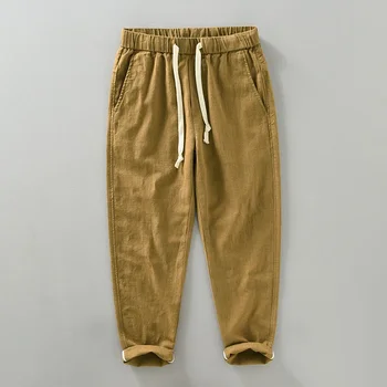 Весенне-летние мужские тонкие дышащие льняные укороченные брюки Повседневные брюки хлопчатобумажные льняные брюки Свободные прямые брюки