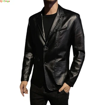 Весенний Новый Черный пиджак из искусственной кожи, мужская модная тонкая кожаная куртка, деловые Повседневные блейзеры, пальто, Красный, Синий, Хаки