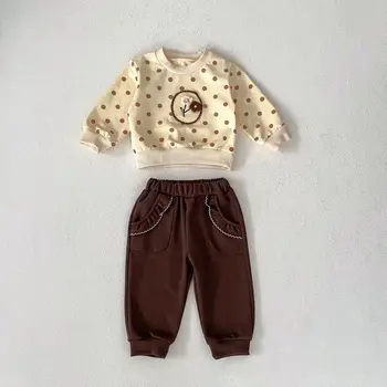 Весна 2024, Новая толстовка с длинными рукавами в горошек и 3D цветами для девочек, повседневные брюки с карманами и оборками для мальчиков, хлопковые повседневные топы для детей