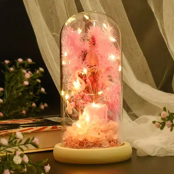Вечный цветок из розового стекла, стеклянная крышка, светодиодный светильник, искусственный цветок розы в куполе На Рождество, подарок матери на День Святого Валентина