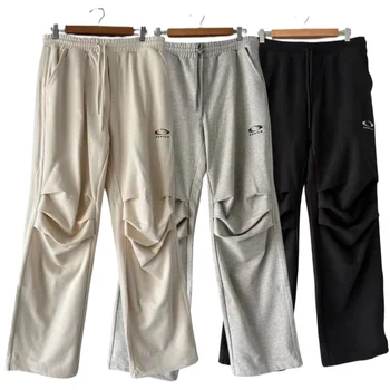 Вышитый логотип GRAILZ, свободные прямые повседневные спортивные брюки в складку, мужские Женские Черно-серые брюки с миндалевидными завязками