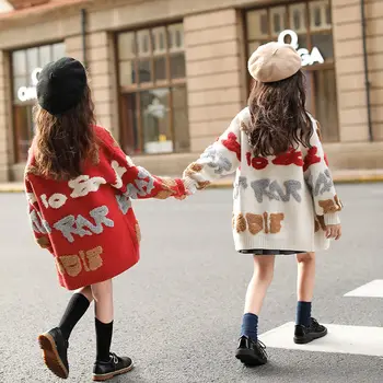 Вязаный свитер для детей 2023, Новая зимняя одежда для девочек, хлопковый однобортный кардиган с длинным рукавом, детская вязаная верхняя одежда