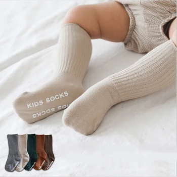 детские противоскользящие носки до колена для девочек и мальчиков, зимние длинные носки для малышей, новорожденных, хлопковые теплые белые школьные носки