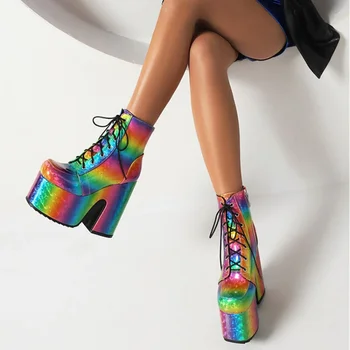 Женские радужные ботинки, разноцветная градиентная обувь на шнуровке, готическая обувь с летучей мышью на Хэллоуин, высокие каблуки, зимние теплые мотоциклетные ботинки по щиколотку