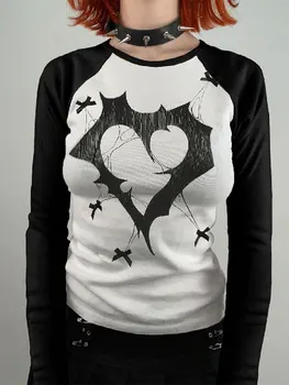 Женские топы Y2k в готическом стиле, Фея Гранж, Винтажная футболка с графическим принтом, футболка с длинным рукавом на Хэллоуин, Темная эстетическая одежда