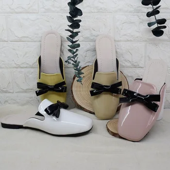 Женские туфли Baotou с коротким носком большого размера, летние новинки 2023 года, удобные женские тапочки с бантиком на плоской подошве
