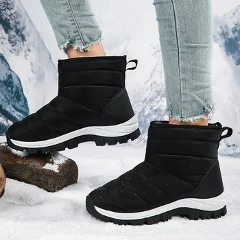 Зимние бархатные теплые женские черные ботинки 2023, модные уличные противоскользящие женские зимние ботинки, кожаные водонепроницаемые ботильоны для женщин