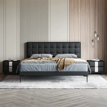Кожаная кровать верхнего слоя, доступная двуспальная кровать роскошного стиля, кровать для главной спальни, супружеская кровать, современный минималистичный кровать для хранения 1,8