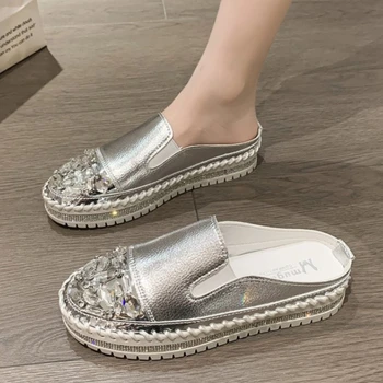 Кожаные туфли на плоской подошве с круглым носком и кристаллами, женские лоферы с серебристыми блестками, женская обувь на платформе, студенческий размер 43