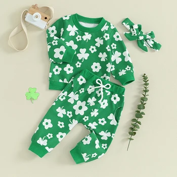Комплект из 2 предметов зеленого спортивного костюма для маленьких мальчиков и девочек, толстовка с длинными рукавами с принтом клевера и радуги, топ и штаны, комплект одежды для малышей, бегуны трусцой