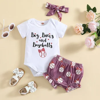 Комплекты одежды для новорожденных девочек 0-24 м, Летнее Боди с буквенным принтом, короткий рукав, круглый вырез, Шорты с бейсбольным принтом, Повязка на голову с бантом