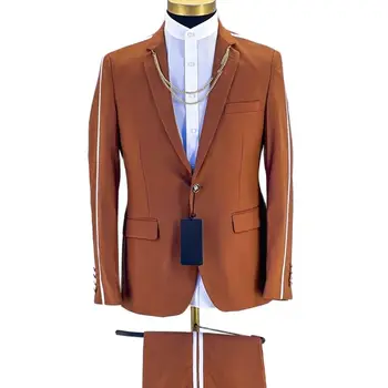 Костюм для мужчин Повседневный спортивный комплект из 2 предметов, приталенный блейзер и брюки, оранжевый в белую полоску, модные костюмы для выпускного вечера, сшитые на заказ