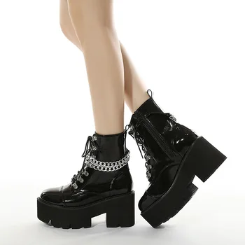 Красивые женские ботильоны в стиле панк на платформе с квадратным каблуком, украшенные цепочкой, с круглым носком, Качественная кожаная женская крутая обувь, Женская
