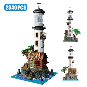 Креативная Рыбацкая деревня, маяк, хижина рыбака со световой моделью, строительные блоки, остров с видом на улицу, Мини-кирпичи, MOC Игрушка в подарок