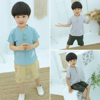 Летний костюм с вышивкой для мальчиков с коротким рукавом Tang, Детский Хлопковый Старинный комплект из двух предметов, Детская Китайская милая одежда Han Fu