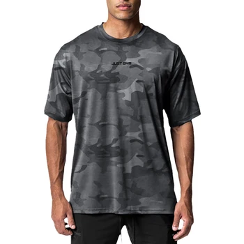 Летняя камуфляжная тренировочная одежда FITNESS SHARK с коротким рукавом, мужская футболка для бега из свободной сетки с принтом
