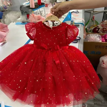 Милые красные платья для маленьких девочек с круглым вырезом и длинным рукавом, с большим бантом, блестящее платье для маленьких девочек на первый день рождения, платье для девочек, платье для выпускного вечера
