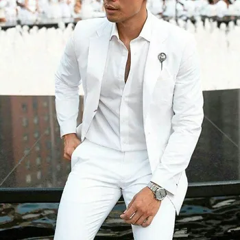 Модные Летние Белые Льняные Смокинги для Жениха, Свадебные Костюмы для Свадьбы, Мужские Блейзеры из 2 частей, Приталенный Костюм Homme (Куртка + брюки)
