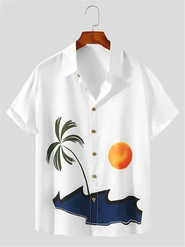 Мужская рубашка с короткими рукавами с принтом кокосового заката, модные гавайские мужские топы с лацканами, пляжная повседневная мужская рубашка 2024, новый стиль