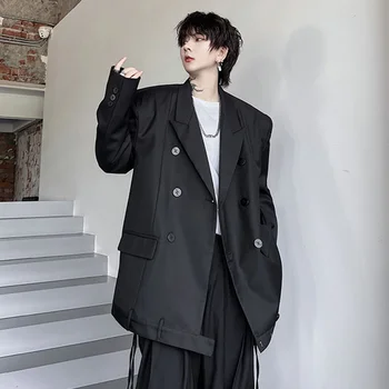 Мужские блейзеры SYUHGFA Elgance, осенний двубортный свободный костюм, пальто, модные куртки в Корейском стиле 2024, шикарный топ с нишевым дизайном