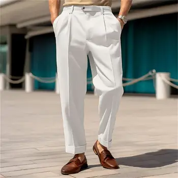 Мужские костюмные брюки со средней талией, мужские брюки, прямые Широкие мужские брюки, официальные деловые брюки, мужские офисные брюки длиной до щиколотки