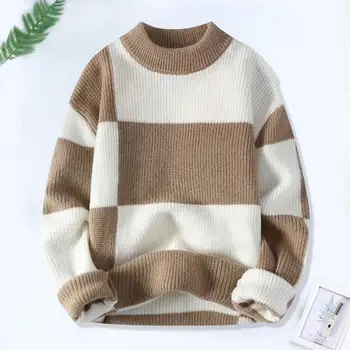 Мужской вязаный свитер Стильный мужской зимний свитер, теплый трикотаж с круглым вырезом и длинными рукавами, высокая эластичность для осенней моды