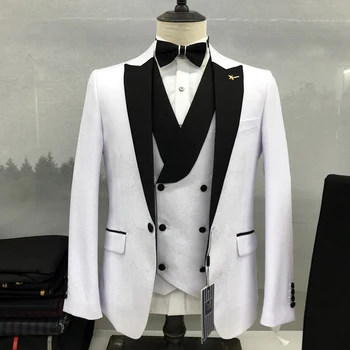 Мужской джентльменский костюм из 3 предметов новейшего дизайна с белым набивным рисунком на отвороте, модный новый комплект фрака для свадебного бала и вечеринки