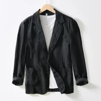 Мужской пиджак-блейзер 2022, весна-лето, Однотонный, повседневный, деловой, тонкий, дышащий, белый, хлопчатобумажный, льняной костюм, пальто, мужской Пиджак