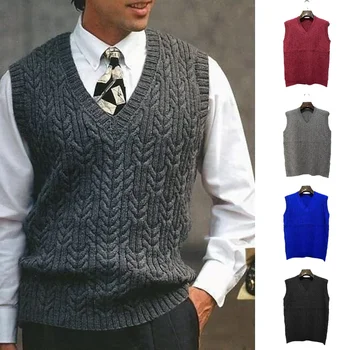 Мужской теплый вязаный свитер с V-образным вырезом, приталенный свитер, жилет, пуловер, мужской простой универсальный джемпер без рукавов, вязаные жилеты