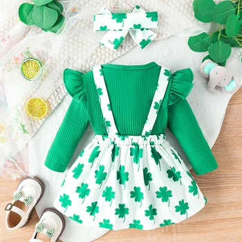 Наряд на День Святого Патрика для маленькой девочки, комбинезон с Трилистником, юбка на подтяжках с длинным рукавом, Комплект ирландской одежды для младенцев
