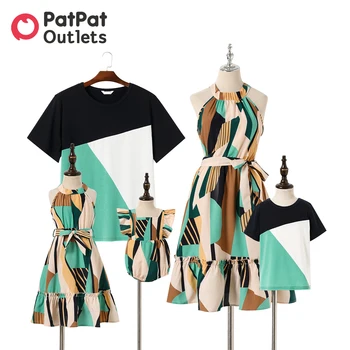 Наряды PatPat в семейном стиле, платья для мамы и дочки с поясом на шее, цветные футболки с короткими рукавами, летние комплекты