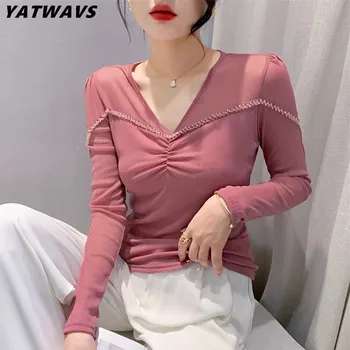 Новая Корейская осенняя женская футболка с длинными рукавами, модные сексуальные футболки с V-образным вырезом, блестящими бусинами, плиссированные полосатые повседневные сетчатые топы, одежда