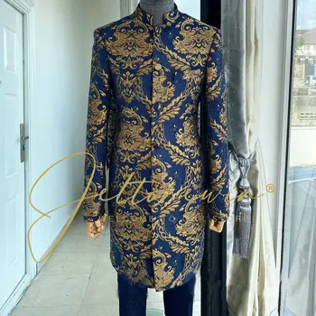 Новейший дизайн пальто и брюк Темно-синие мужские костюмы Slim Fit, 2 предмета, свадебный смокинг для жениха, официальный блейзер с воротником-стойкой, костюм на заказ