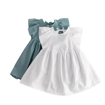 Новое хлопковое и льняное платье для девочек, однотонные детские повседневные плиссированные платья с короткими рукавами от 1 до 5 лет, детские платья для девочек