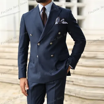 Новый темно-синий Мужской деловой костюм для официальных мероприятий, смокинги для женихов на свадебную вечеринку, комплект из 2 предметов, куртка и брюки
