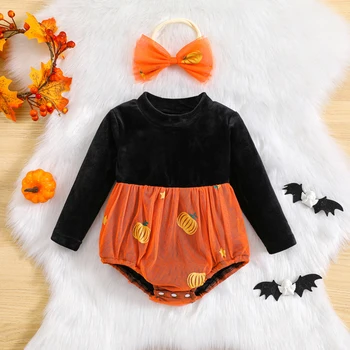 Одежда для малышей, 2 предмета, наряды для девочек на Хэллоуин, комбинезон в стиле пэчворк из тыквенной сетки с длинным рукавом и повязкой на голову, комплект одежды для новорожденных