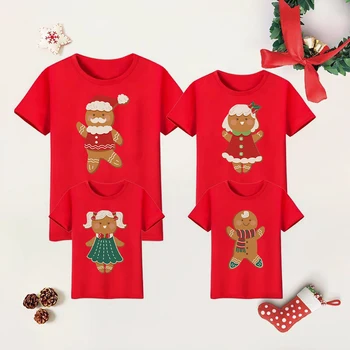 Одинаковые комплекты для семьи с принтом рождественского печенья, футболка для мамы, папы, дочки и сына, красная футболка с коротким рукавом, одежда для рождественской вечеринки
