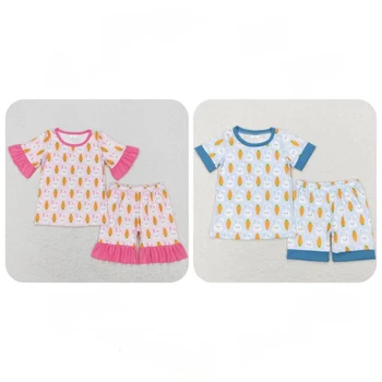 Оптовая продажа Детского Пасхального комплекта для малышей, рубашка с короткими рукавами и кроликом, шорты с морковкой, Детская весенняя одежда, пижамы для маленьких мальчиков и девочек