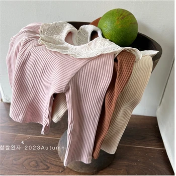 Осенне-весенняя рубашка в полоску с длинными рукавами для маленьких девочек, детская футболка с кружевным воротником в рубчик, хлопковая однотонная повседневная футболка
